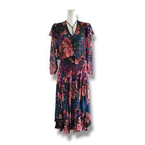 Diane Freis | Gorgeous 80s VTG Multicolor Floral Sheer 100% Silk Dress
